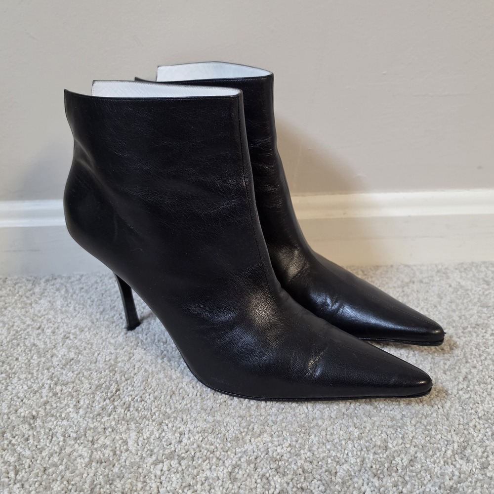 Celine Paris Women 39 Black Leather Pointed Toe Stiletto Ankle Boots Heels